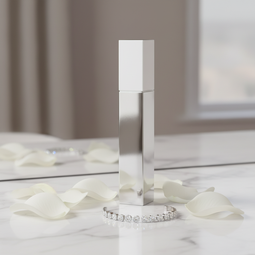 Lifestyle image — slim white and silver perfume wand box on white marble vanity beside diamond bracelet and white rose petals, sparkling elegant editorial for visual context only
