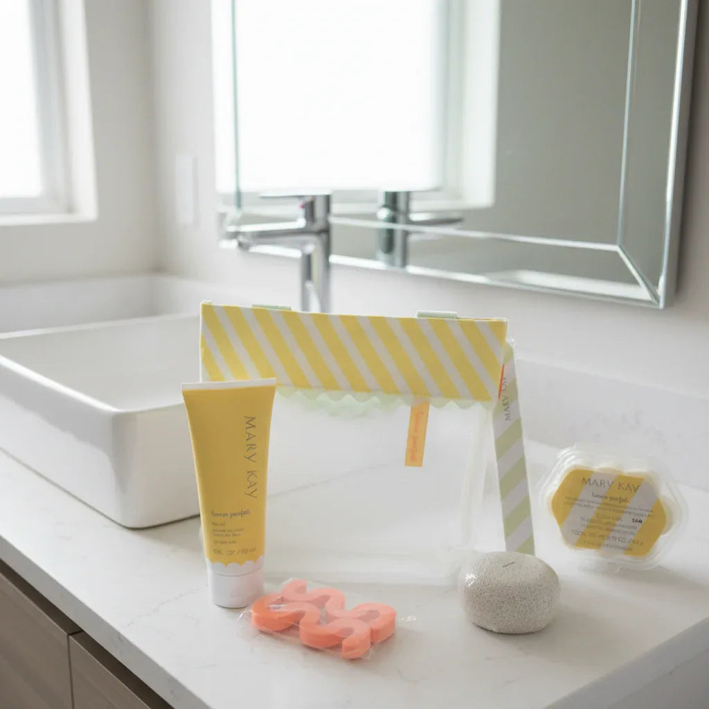 Mary Kay Lemon Parfait pedicure collection on modern bathroom vanity lifestyle image