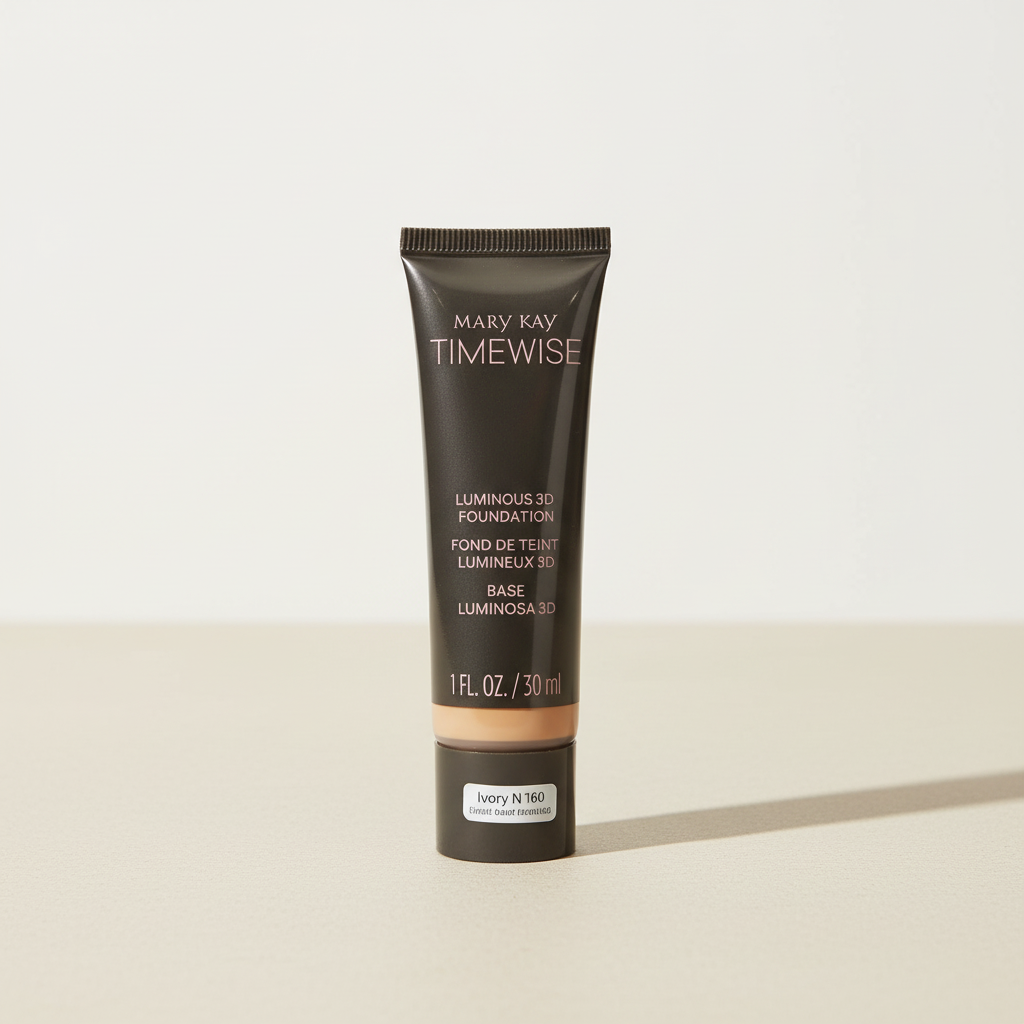 Mary Kay TimeWise Luminous 3D Foundation tube in Ivory N 160 on a neutral studio background