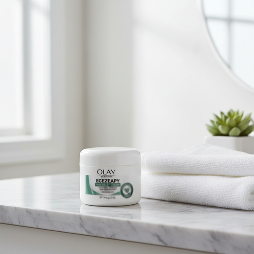 Olay Sensitive Eczema Therapy Skin Relief Cream jar on marble bathroom countertop with white towel and green plant – fragrance-free skincare setting
