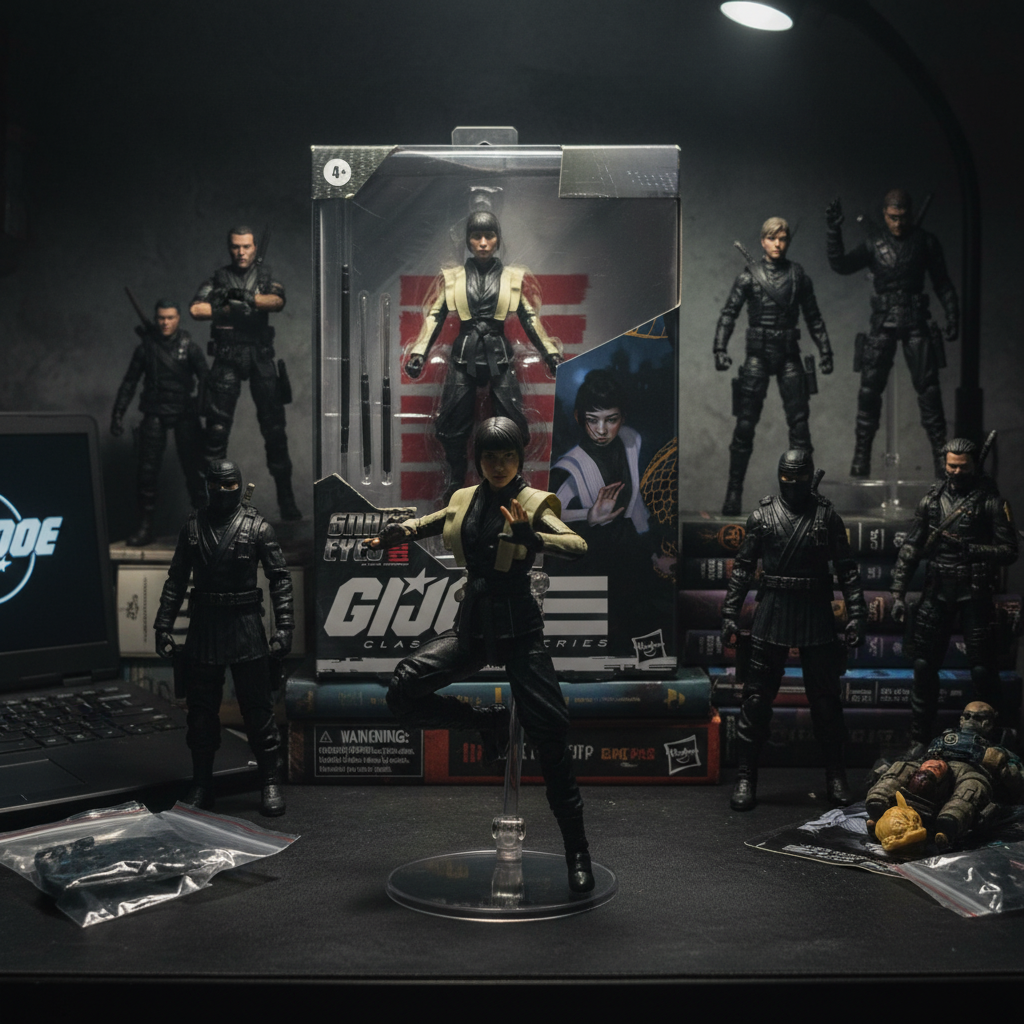 G.I. Joe Classified Series Akiko figure in dynamic martial arts pose on a collector desk with cinematic dark lighting and G.I. Joe figures in background — More4less Outlet