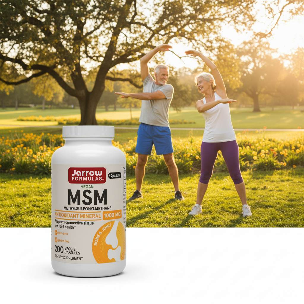Jarrow Formulas Vegan MSM 1000mg supplement bottle with active couple stretching outdoors – bone and joint health