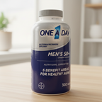 One A Day Men’s 50+ Complete Multivitamin 300-tablet bottle on a light wood counter
