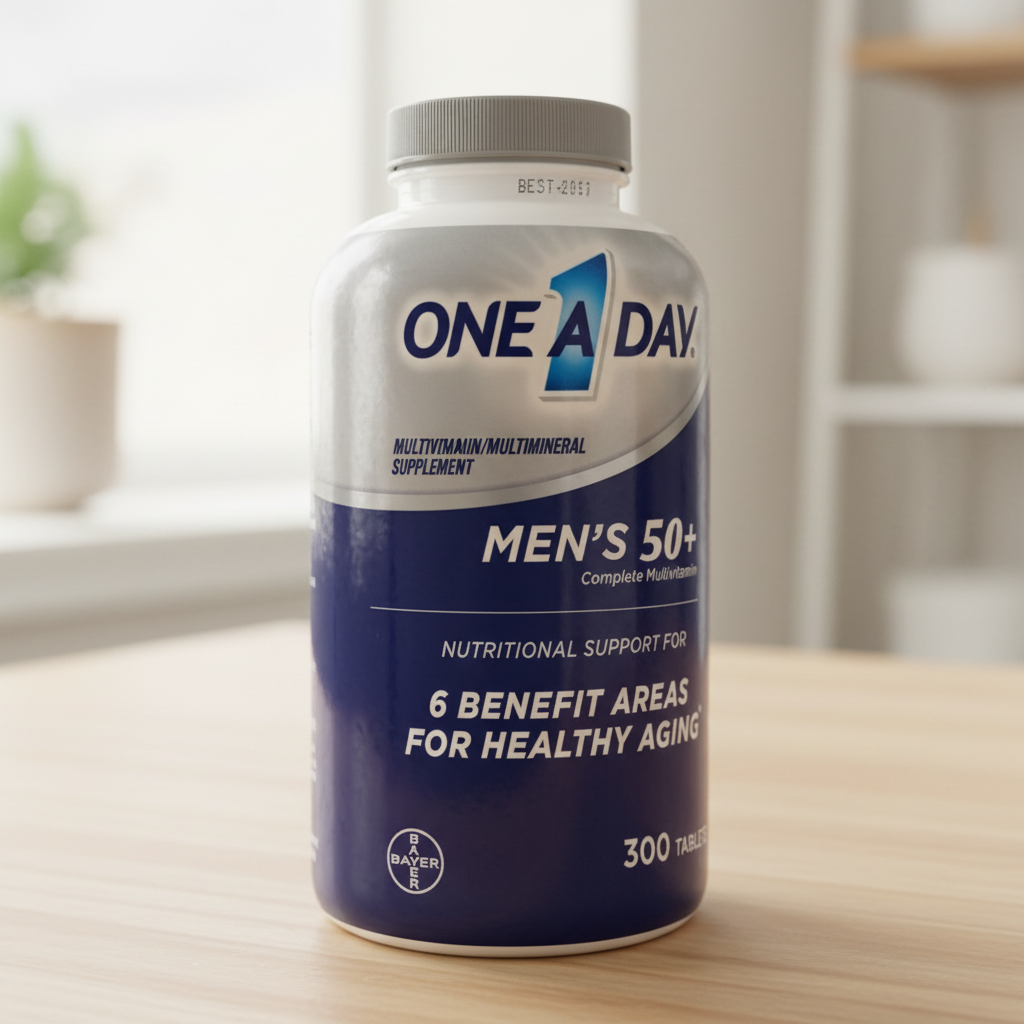 One A Day Men’s 50+ Complete Multivitamin 300-tablet bottle on a light wood counter
