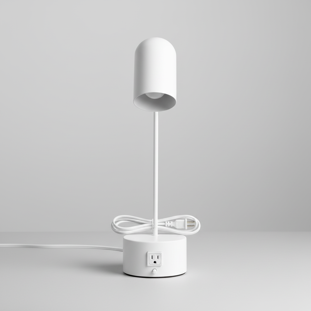 White 16-inch LED desk lamp with base AC outlet on a neutral desk