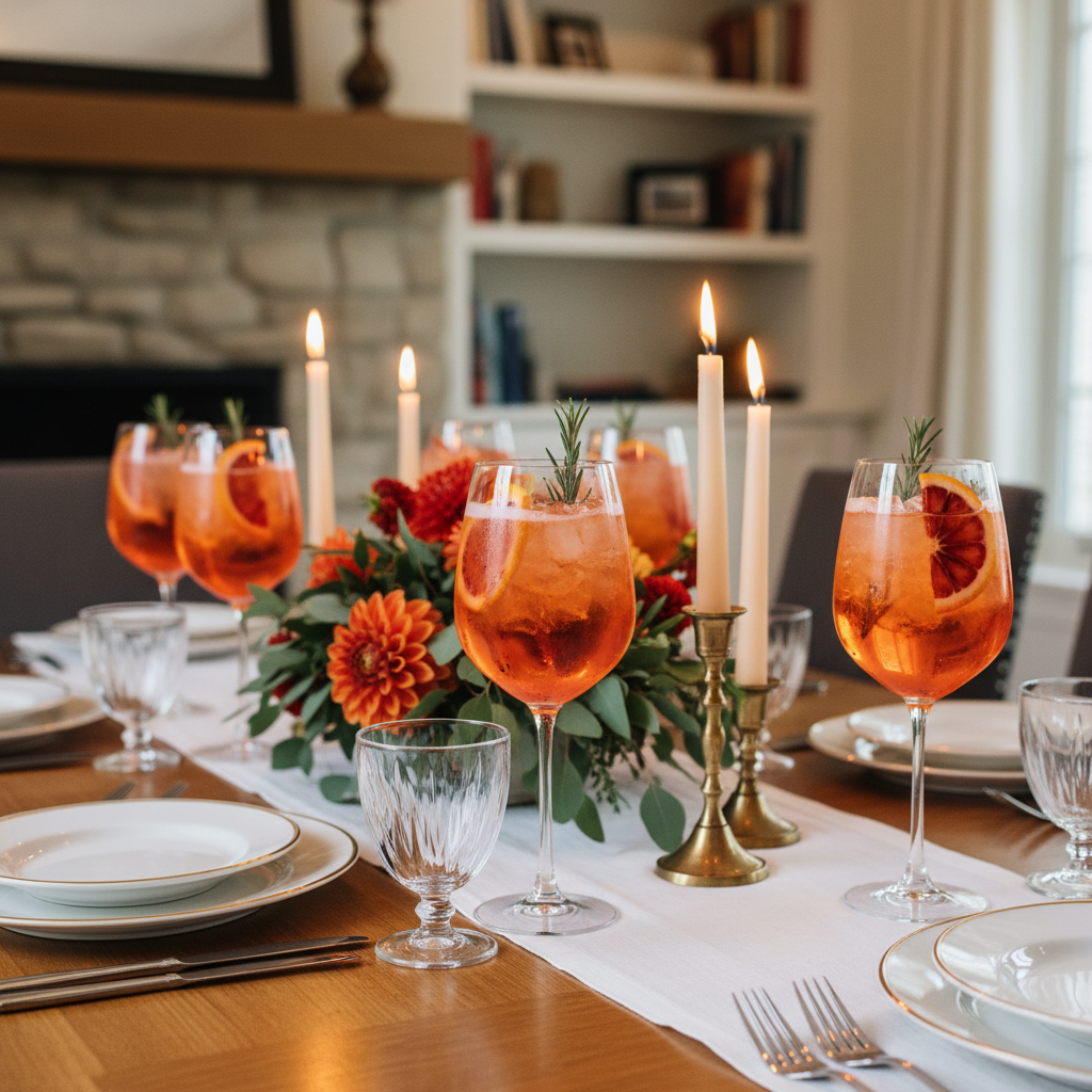 Stylish dinner setting with stemmed crystal glasses filled with colorful Aperol spritz garnished with fresh orange slices
