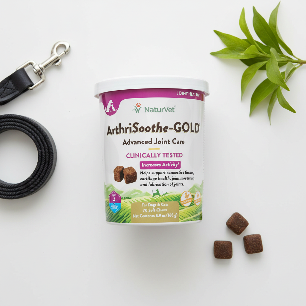 NaturVet ArthriSoothe-GOLD Advanced Joint Care 70 soft chews flat lay on white surface with dog leash, green leaf and soft chews