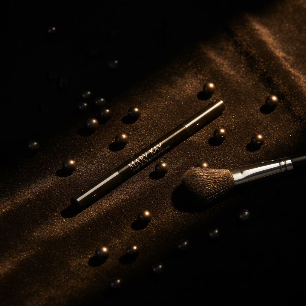 Mary Kay Liquid Eyeliner Pen MK Black glossy black barrel with silver lettering on dark velvet with dramatic warm spotlight lighting, scattered black pearls and a fine makeup brush — glamorous editorial beauty shot