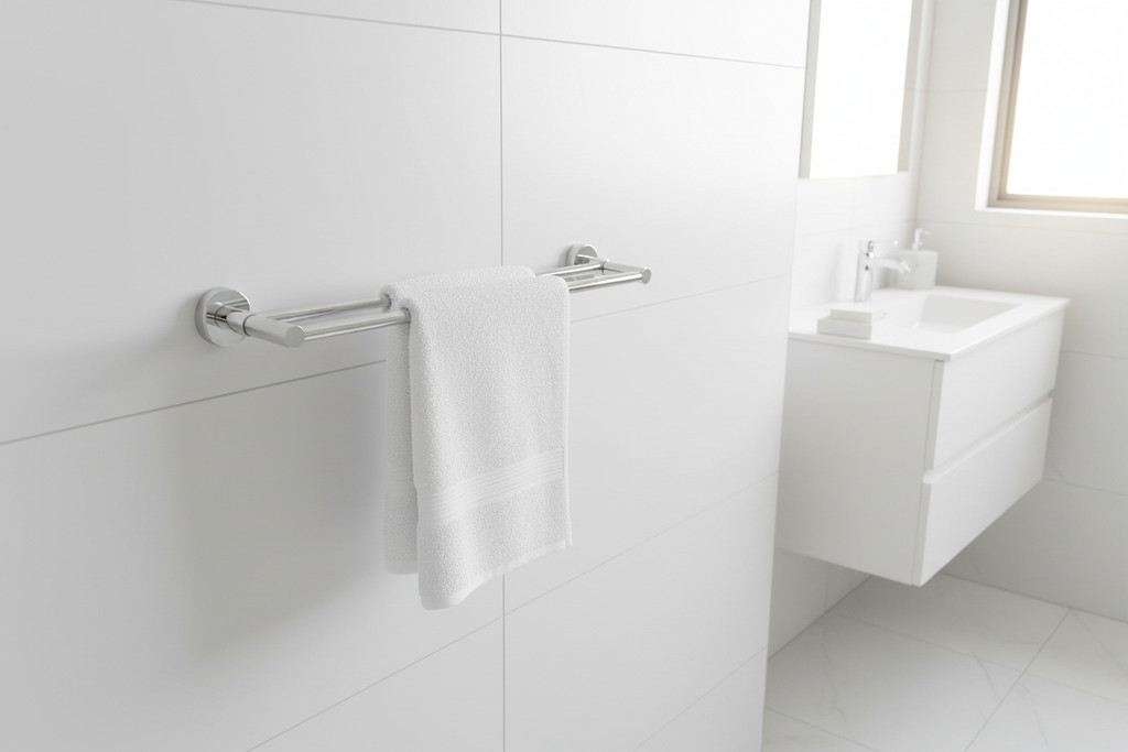 Grohe Essentials polished chrome 2-arm swivel towel bar in minimalist white bathroom with morning sunlight and folded white guest towels