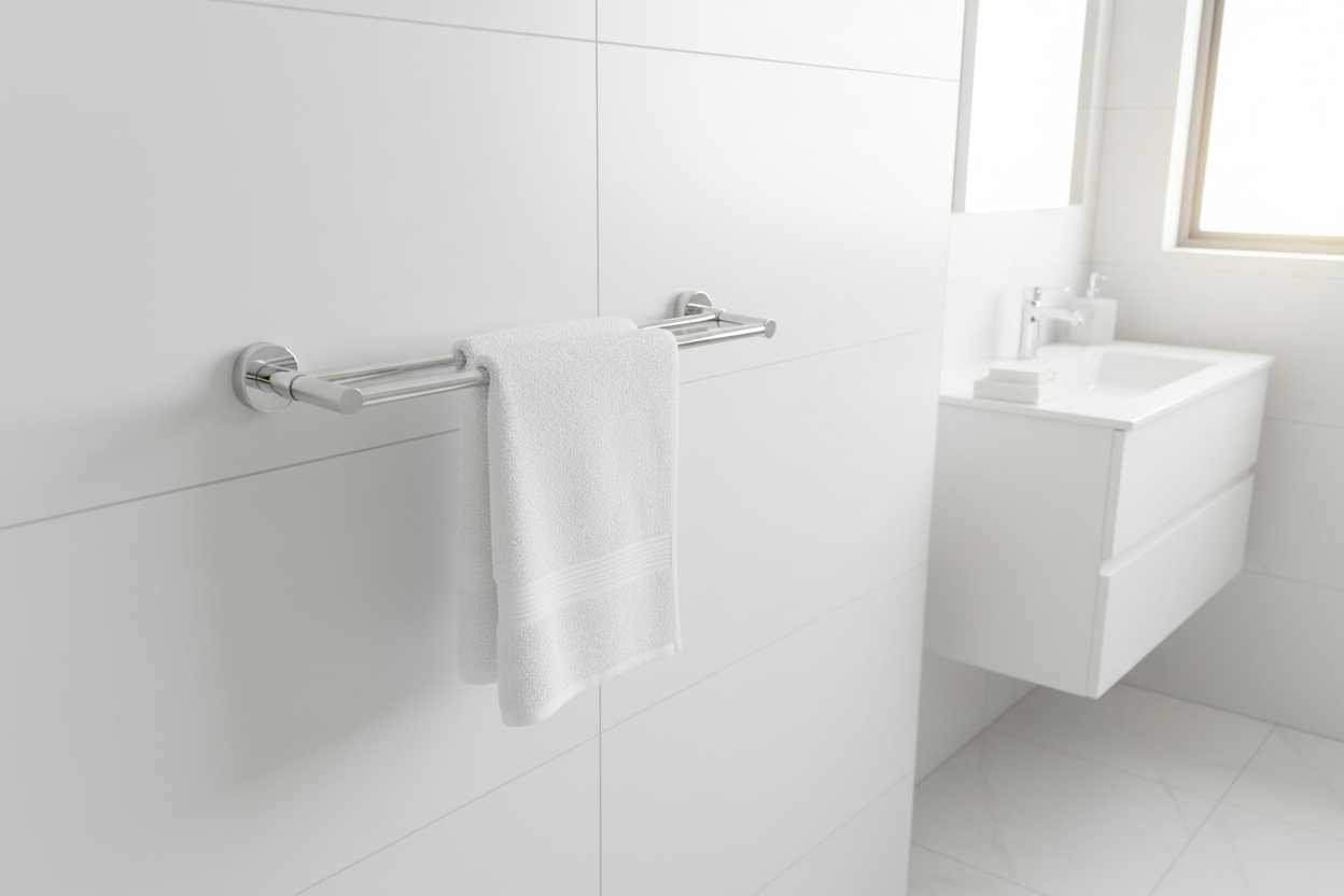 Grohe Essentials polished chrome 2-arm swivel towel bar in minimalist white bathroom with morning sunlight and folded white guest towels