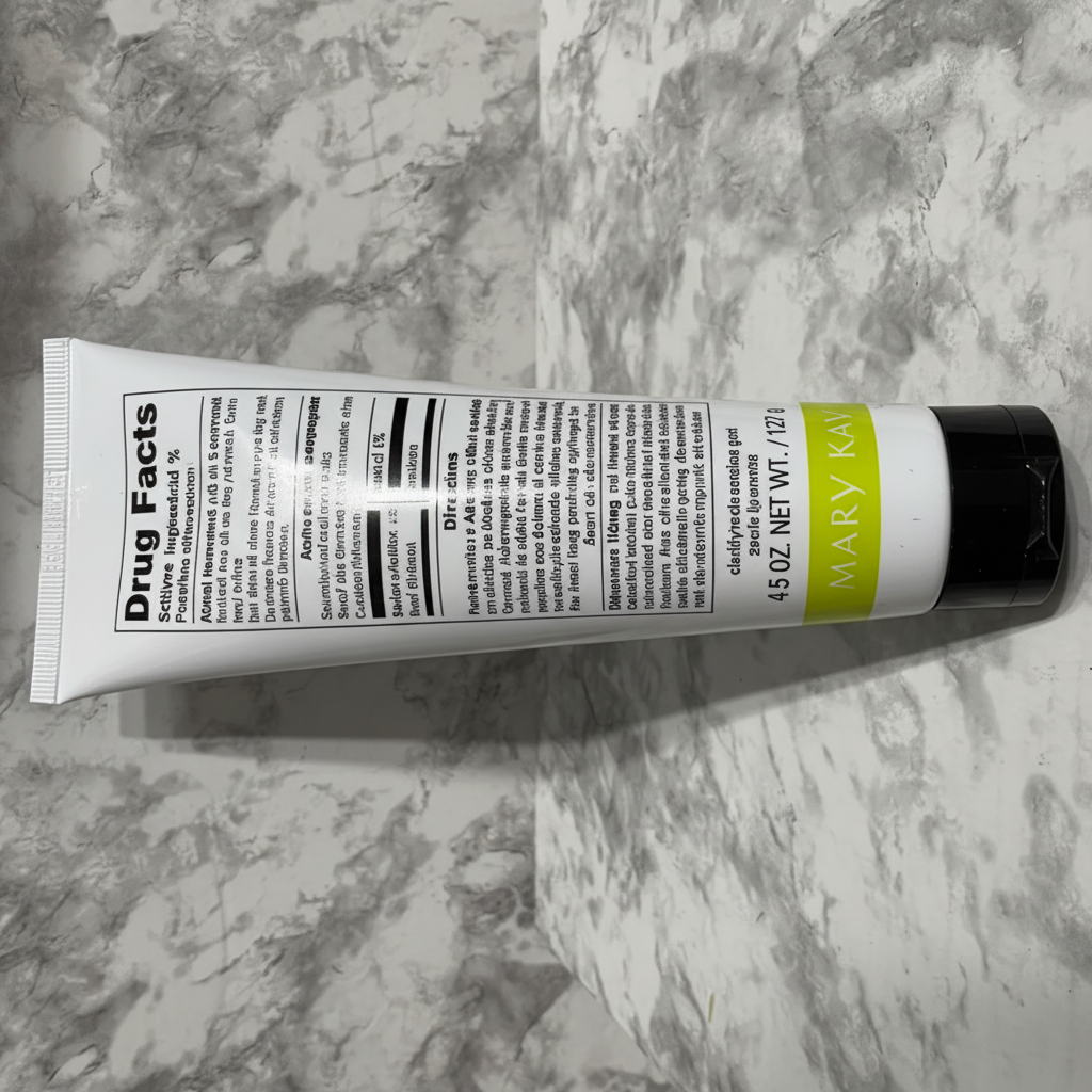 Back panel of Mary Kay Clear Proof Clarifying Cleansing Gel showing Drug Facts and directions