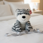Russ Jazwares 14 inch Zebra Plush displayed as gift on white bedding with ribbon - More4less Outlet