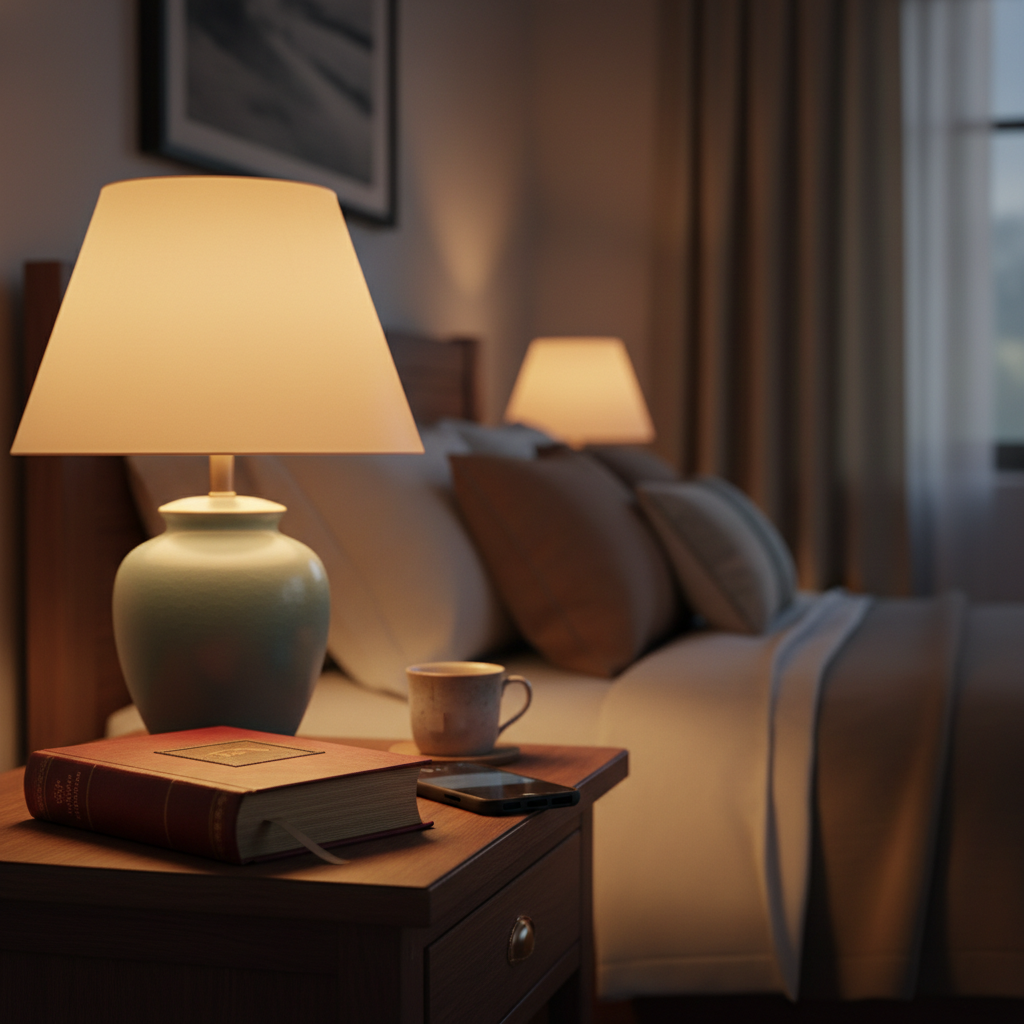 Cozy bedroom nightstand with dimly glowing table lamp, book, and smartphone in warm light