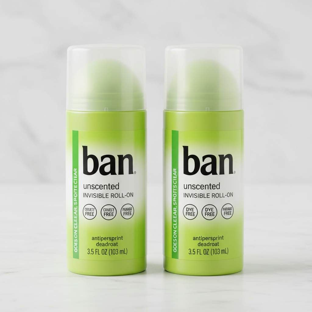 Two lime-green Ban deodorant bottles on marble countertop