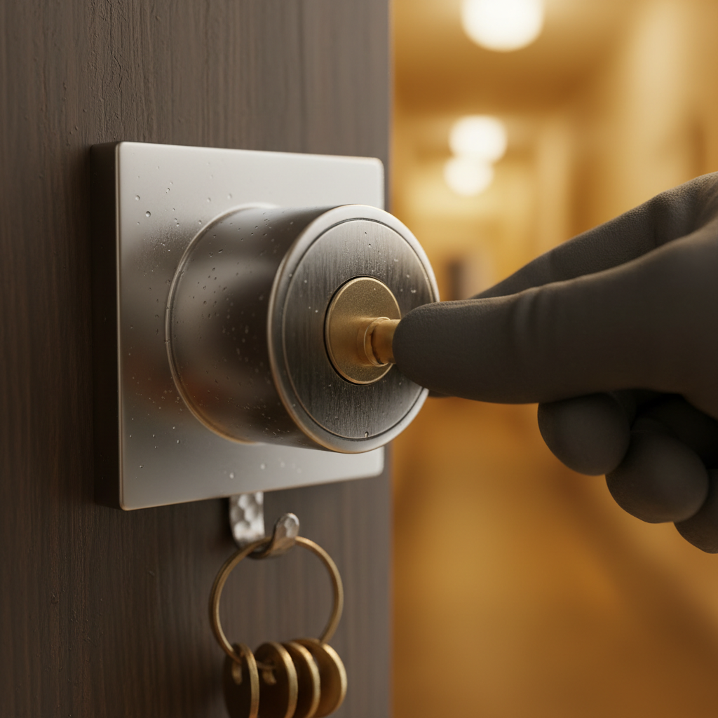 Macro shot of square polished chrome deadbolt rotating cover cylinder revealing hidden landlord key cylinder with keys nearby