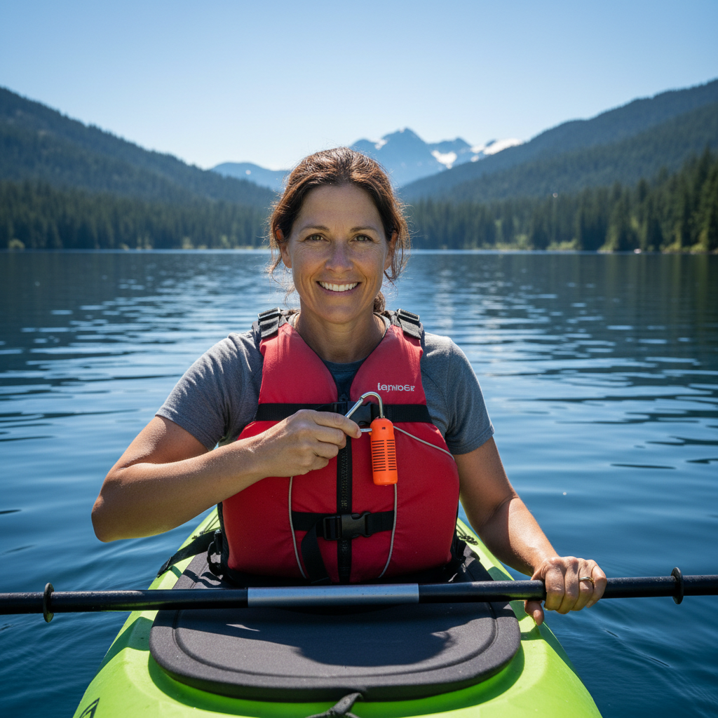 Kayaker on lake clipping signal horn canister to life vest for marine safety