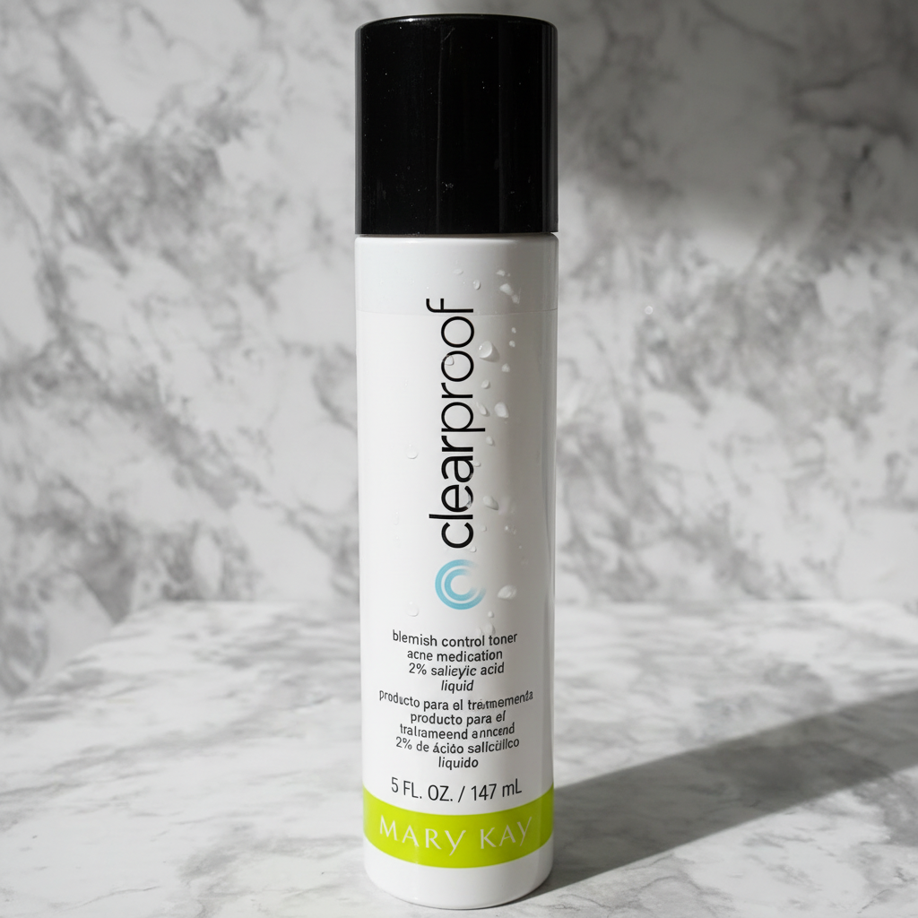 Macro close-up of Mary Kay Clear Proof Blemish Control Toner front label showing 2% Salicylic Acid