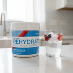 AdvoCare Rehydrate tub on kitchen counter with glass of water ice and mixed berries – More4less Outlet