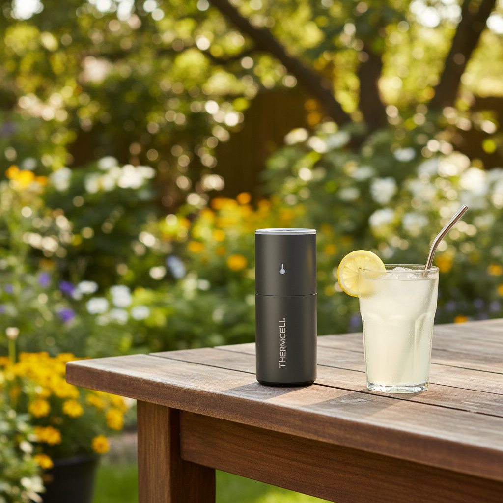 Thermacell Radius Rechargeable Mosquito Repeller on rustic patio table next to iced lemonade in sunny backyard garden