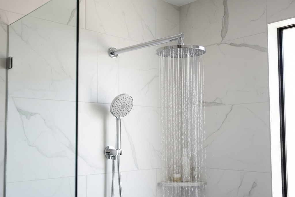 Grohe Rainshower polished chrome wall mount shower arm on white marble tile with wide rain shower head and water cascading
