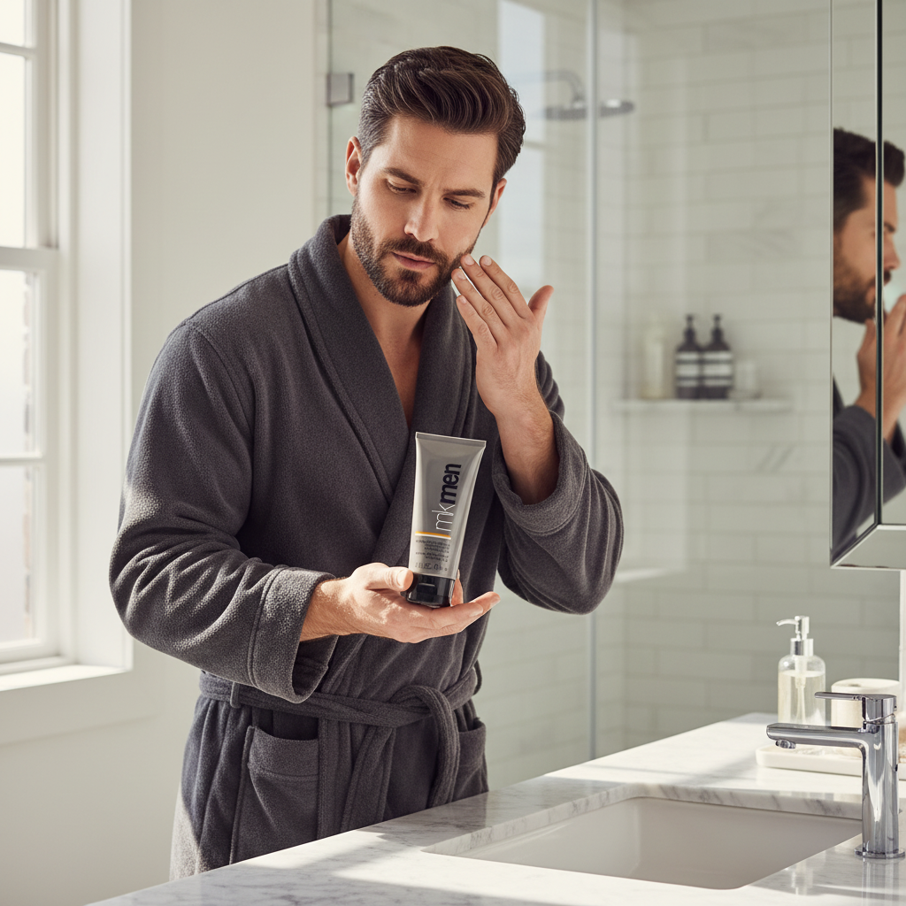 Man applying Mary Kay MKMen Advanced Facial Hydrator SPF 30 at modern bathroom sink in morning grooming routine