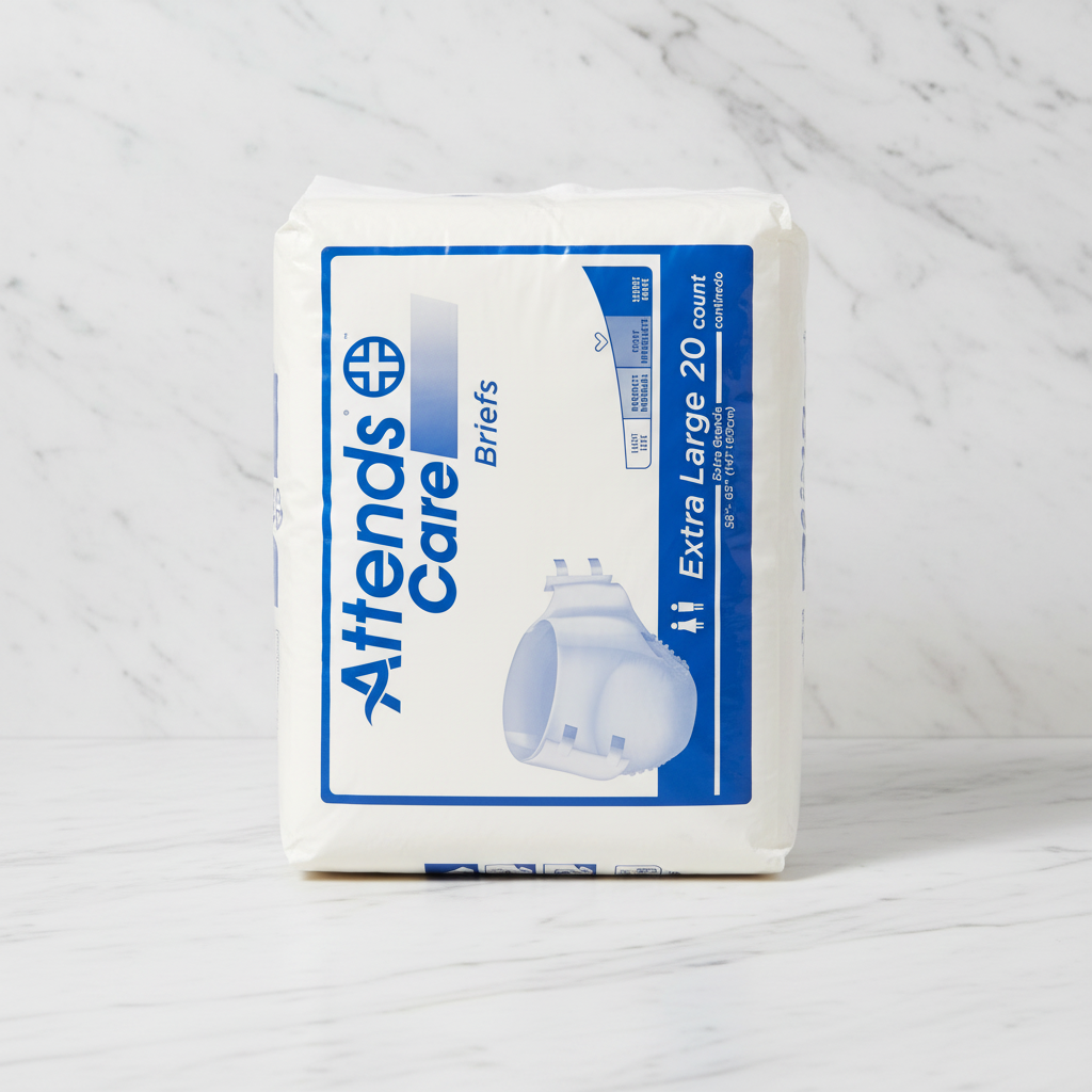 Front-facing studio shot of white and blue Attends Care Briefs Extra Large packaging on clean marble surface