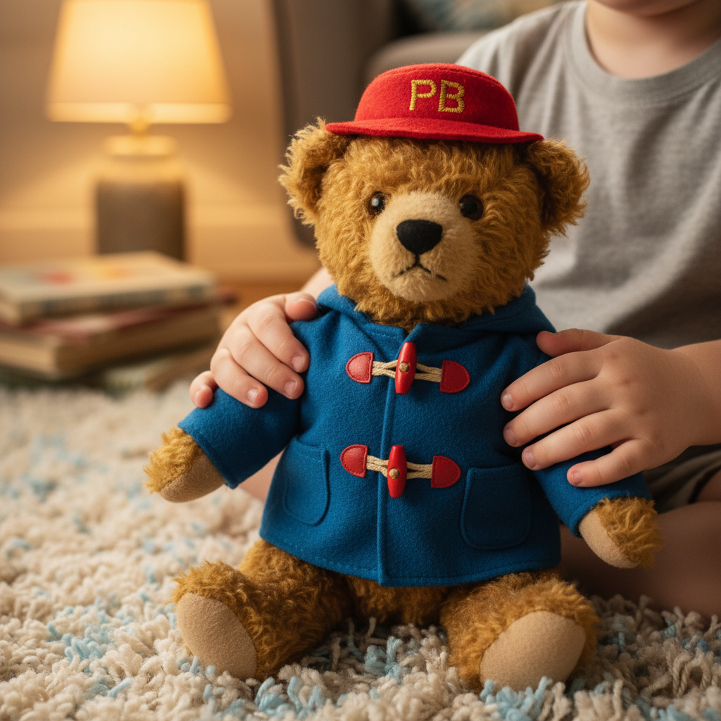 Child holding Eden Toys Paddington Bear plush brown curly fur blue duffle coat red toggle buttons red PB hat cozy rug warm joyful children toy - More4less Outlet