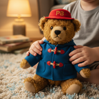 Child holding Eden Toys Paddington Bear plush brown curly fur blue duffle coat red toggle buttons red PB hat cozy rug warm joyful children toy - More4less Outlet