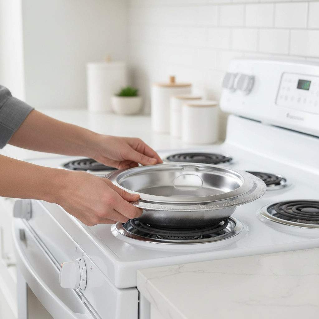 Person's hands placing a shiny chrome GE Appliances GE68C 8-inch drip bowl into a white electric range cooktop burner socket — easy installation shown