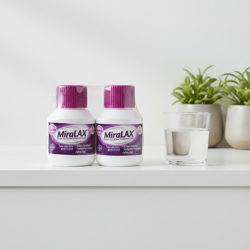 Three MiraLAX Laxative Powder bottles shrink-wrapped together on a clean white bathroom shelf alongside a glass of water and green plant accents — bright airy wellness lifestyle scene