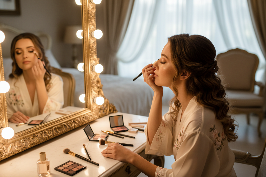 Woman applying eyeshadow with small brush in front of vanity mirror soft warm lighting elegant makeup routine lifestyle photo