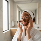 Young woman with glowing skin applying dark brown clay mud mask to her face in a bright modern bathroom