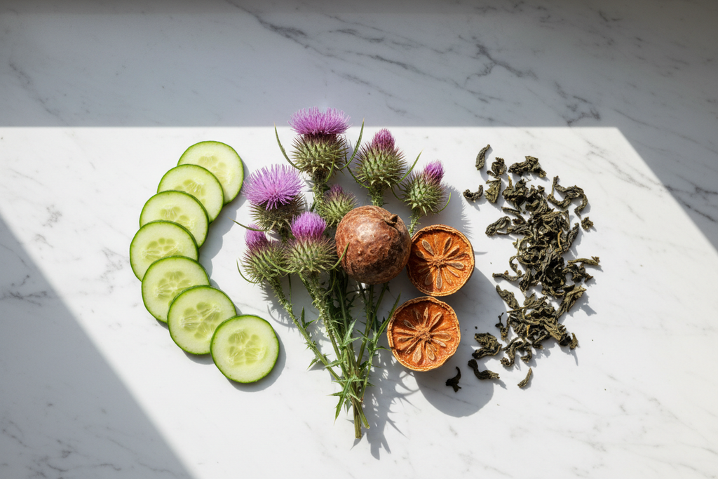 Botanical skincare ingredients including milk thistle monk fruit and cucumber on white marble
