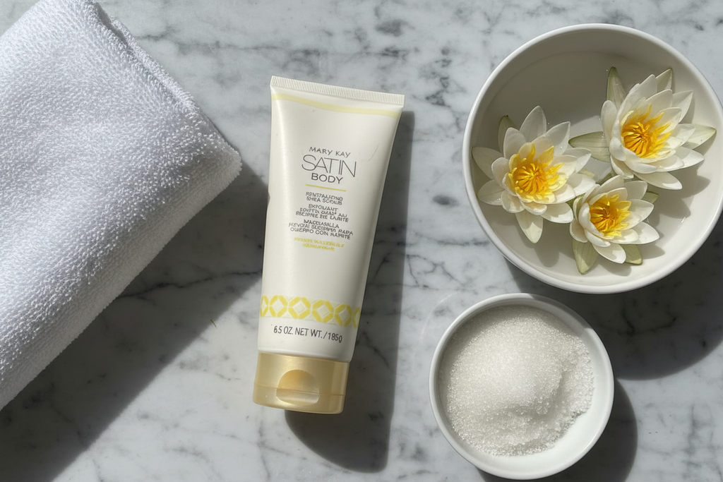 White and gold body scrub tube next to fresh white waterlily flowers and soft towel on marble