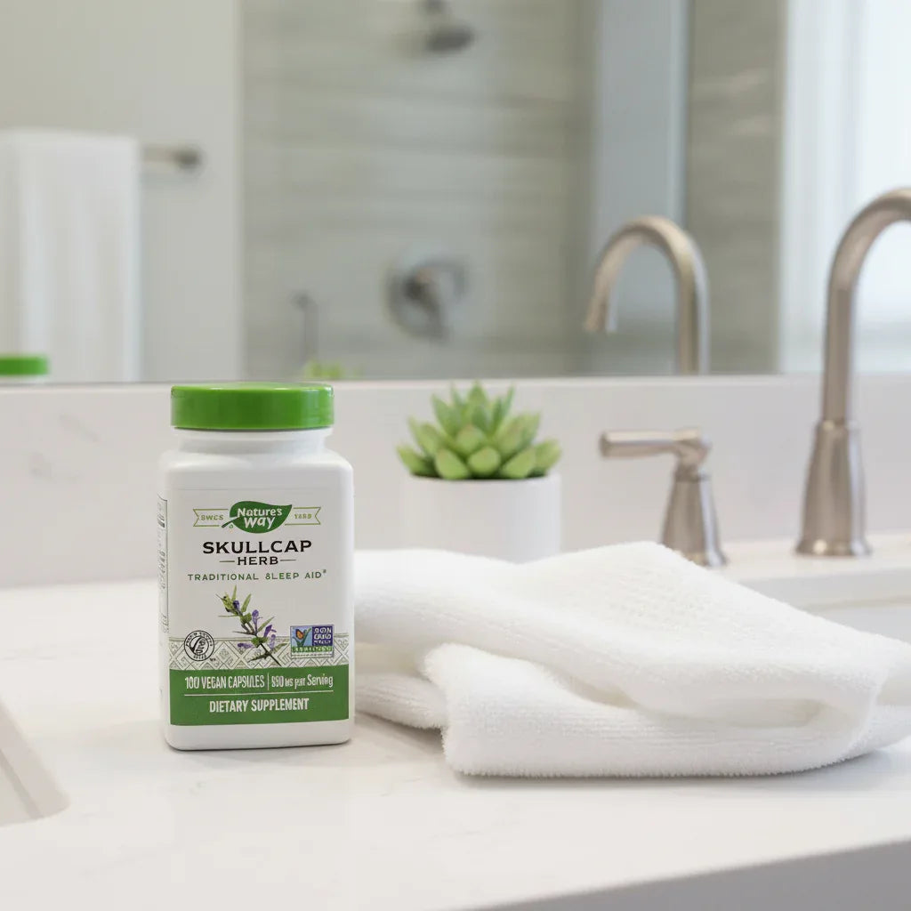 Nature's Way Skullcap Herb bottle on white quartz bathroom vanity with cotton face towel and small succulent