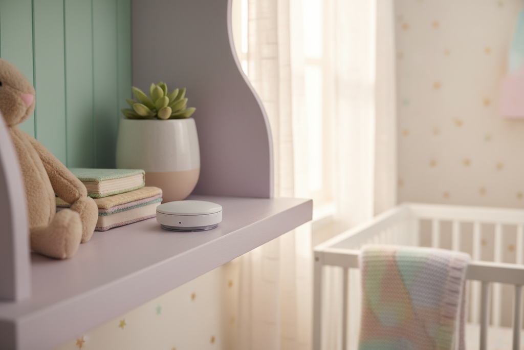 Airthings Wave Mini Air Quality Monitor in baby nursery – mold risk and humidity monitor for family home – More4less Outlet