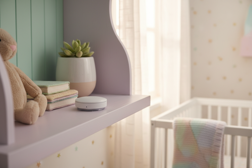 Airthings Wave Mini Air Quality Monitor in baby nursery – mold risk and humidity monitor for family home – More4less Outlet