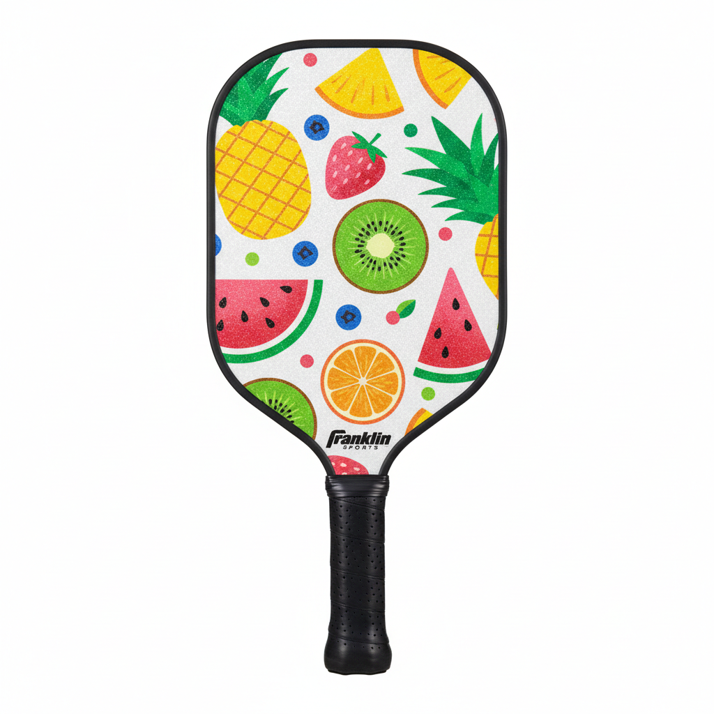 Franklin Sports junior pickleball paddle MaxGrit fiberglass textured surface fruit design close-up white background - More4less Outlet