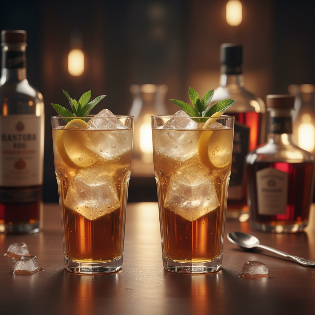 Two elegant crystal longdrink glasses with cocktail and ice on a dark wood bar surface