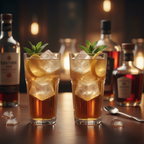 Two elegant crystal longdrink glasses with cocktail and ice on a dark wood bar surface