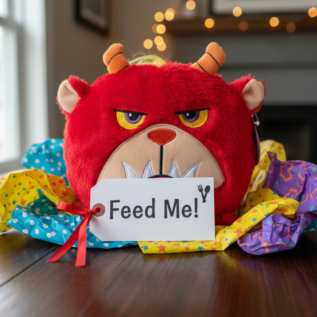 Jay at Play Hangry Petz Rogue Red Monster displayed as gift with colorful wrapping paper and Feed Me gift tag - More4less Outlet