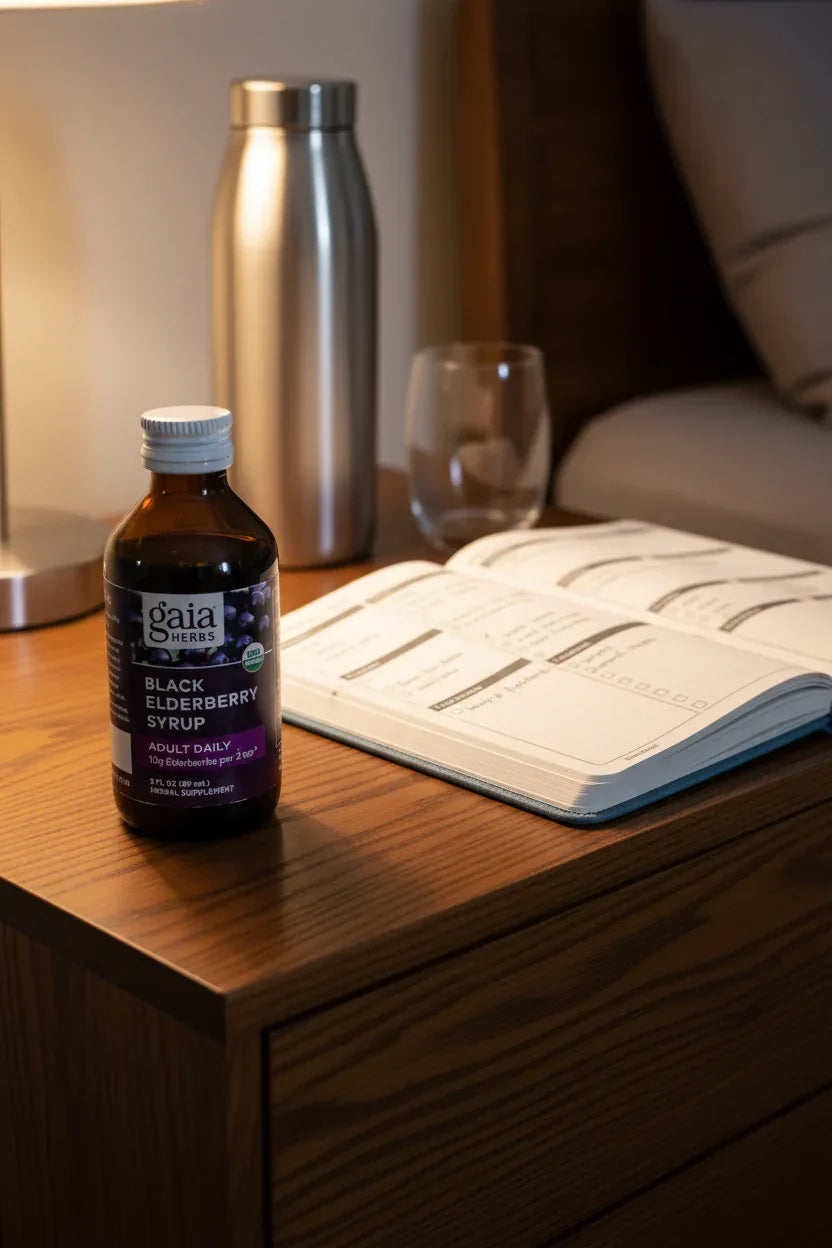 Gaia Herbs Black Elderberry Syrup on dark oak bedside table next to wellness planner and metallic water carafe