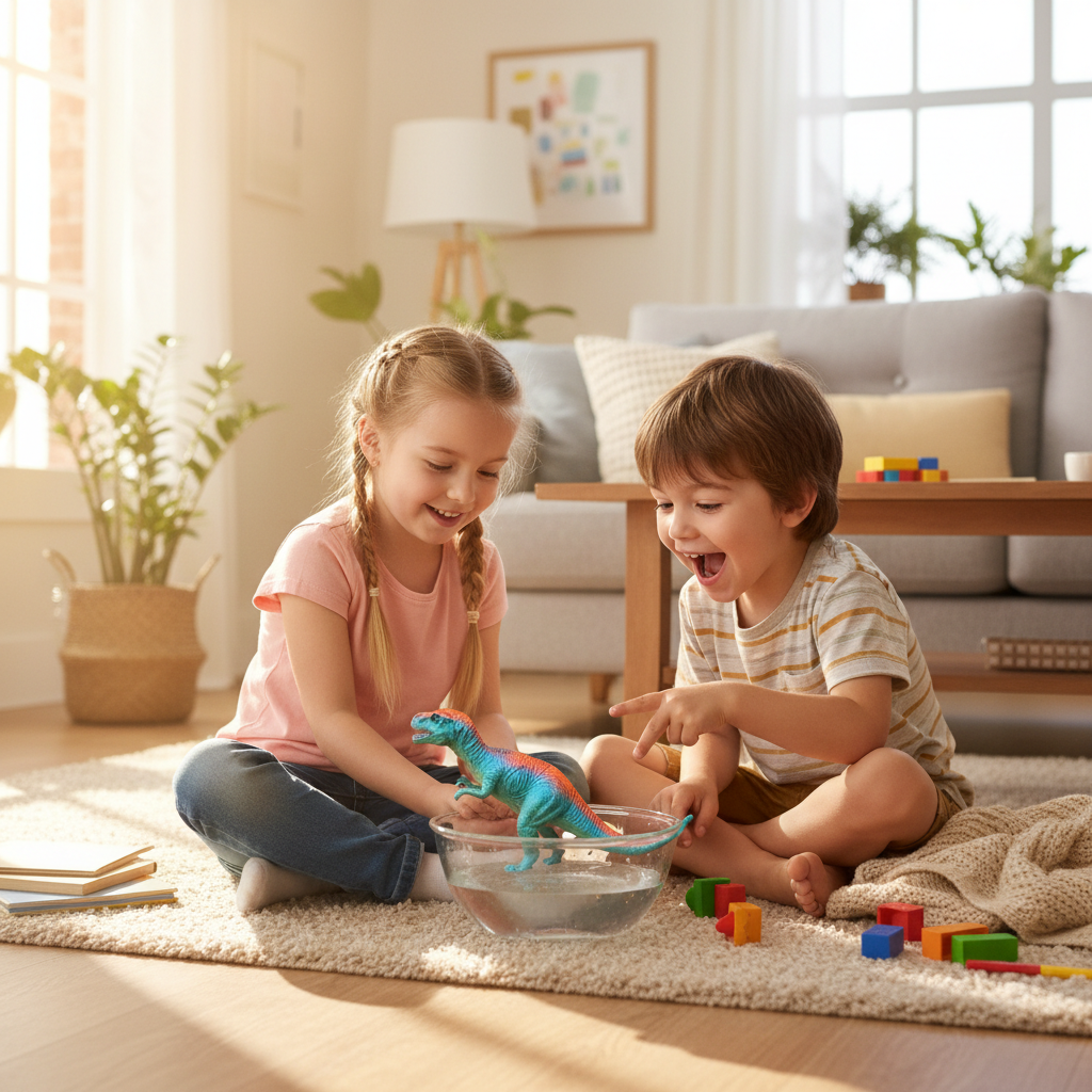Two children on a living room floor dipping a dinosaur figure in water to reveal a color change