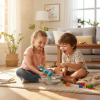 Two children on a living room floor dipping a dinosaur figure in water to reveal a color change