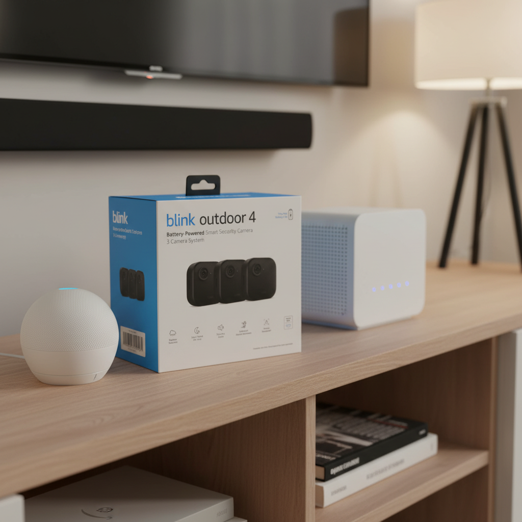 Blink Outdoor 4 3-Camera System box on organized media console shelf next to contemporary Wi-Fi router and Alexa Echo device