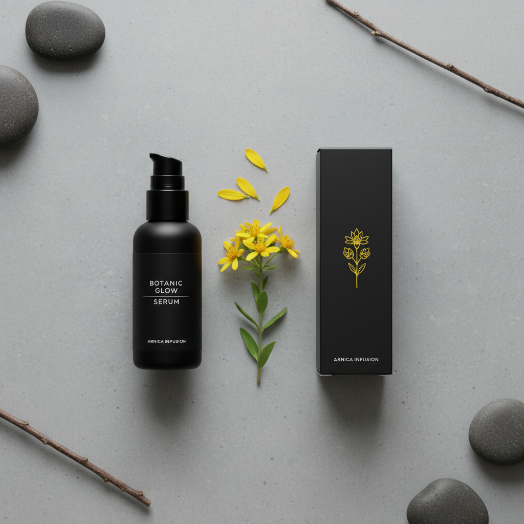 Minimalist flat-lay of Revision Skincare Vitamin K Serum bottle and black box with yellow arnica flower on gray concrete surface