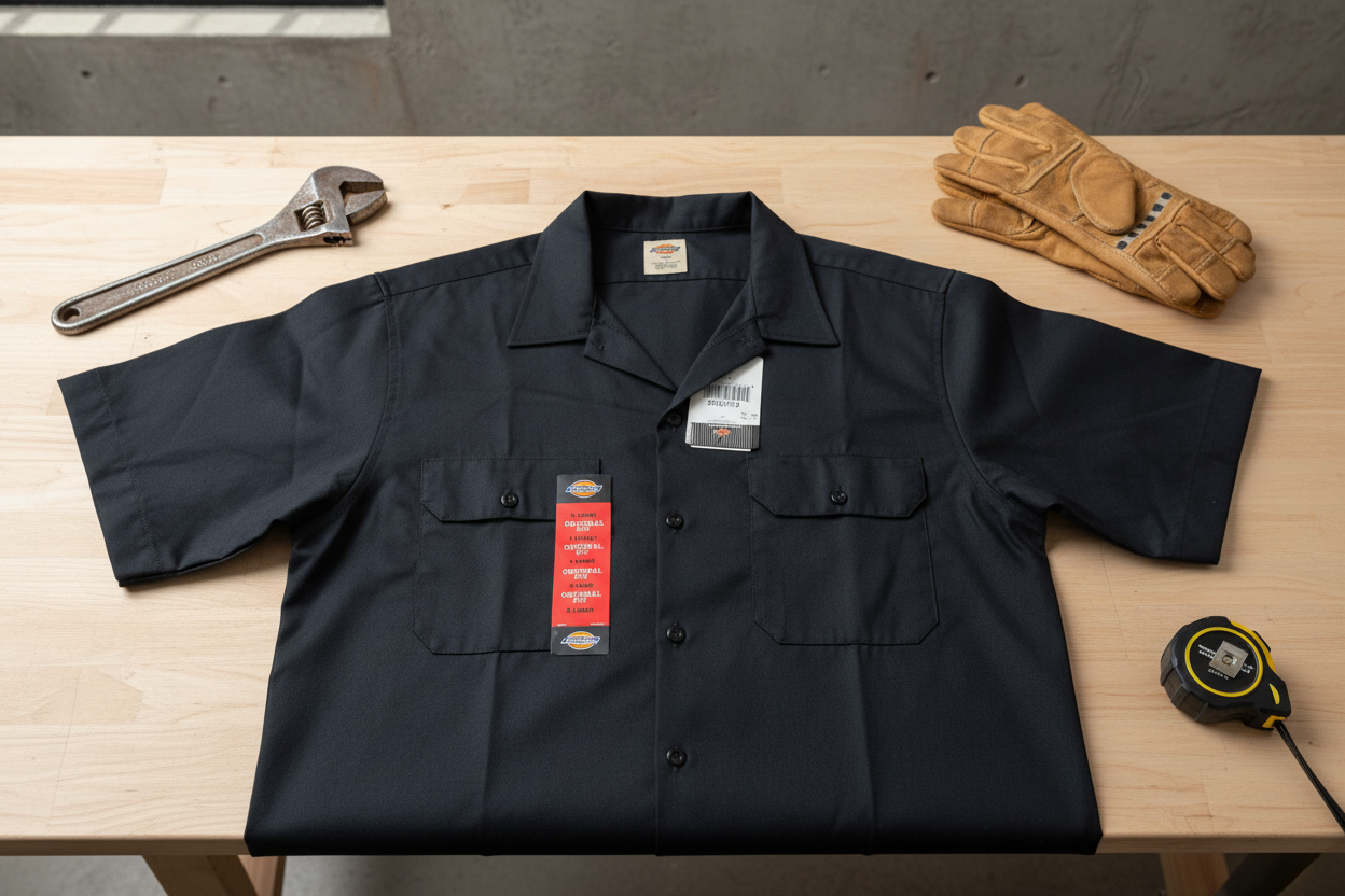 Dickies Original Fit Short Sleeve Work Shirt black XL flat lay on wooden workbench with tools – More4less Outlet