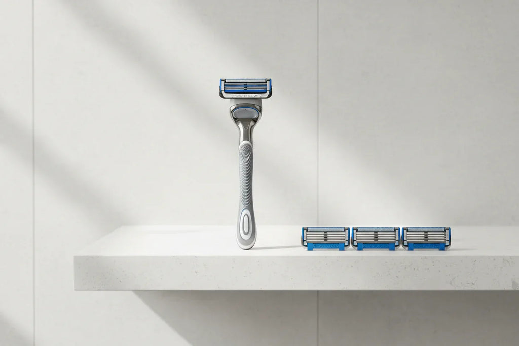 Gillette SkinGuard Sensitive razor handle with four cartridges on bathroom shelf lifestyle