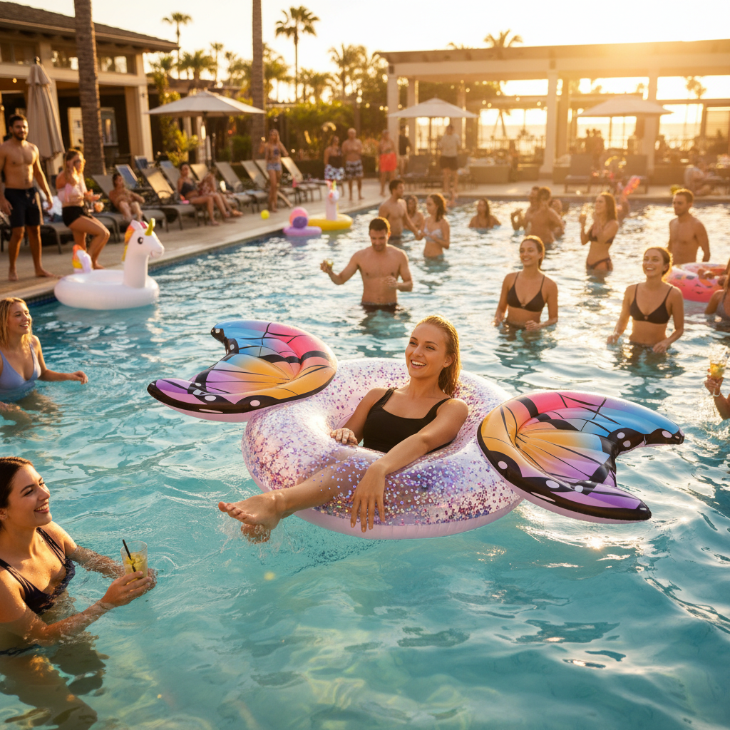 PoolCandy Glitter Butterfly Pool Tube at outdoor pool party with golden hour sunlight