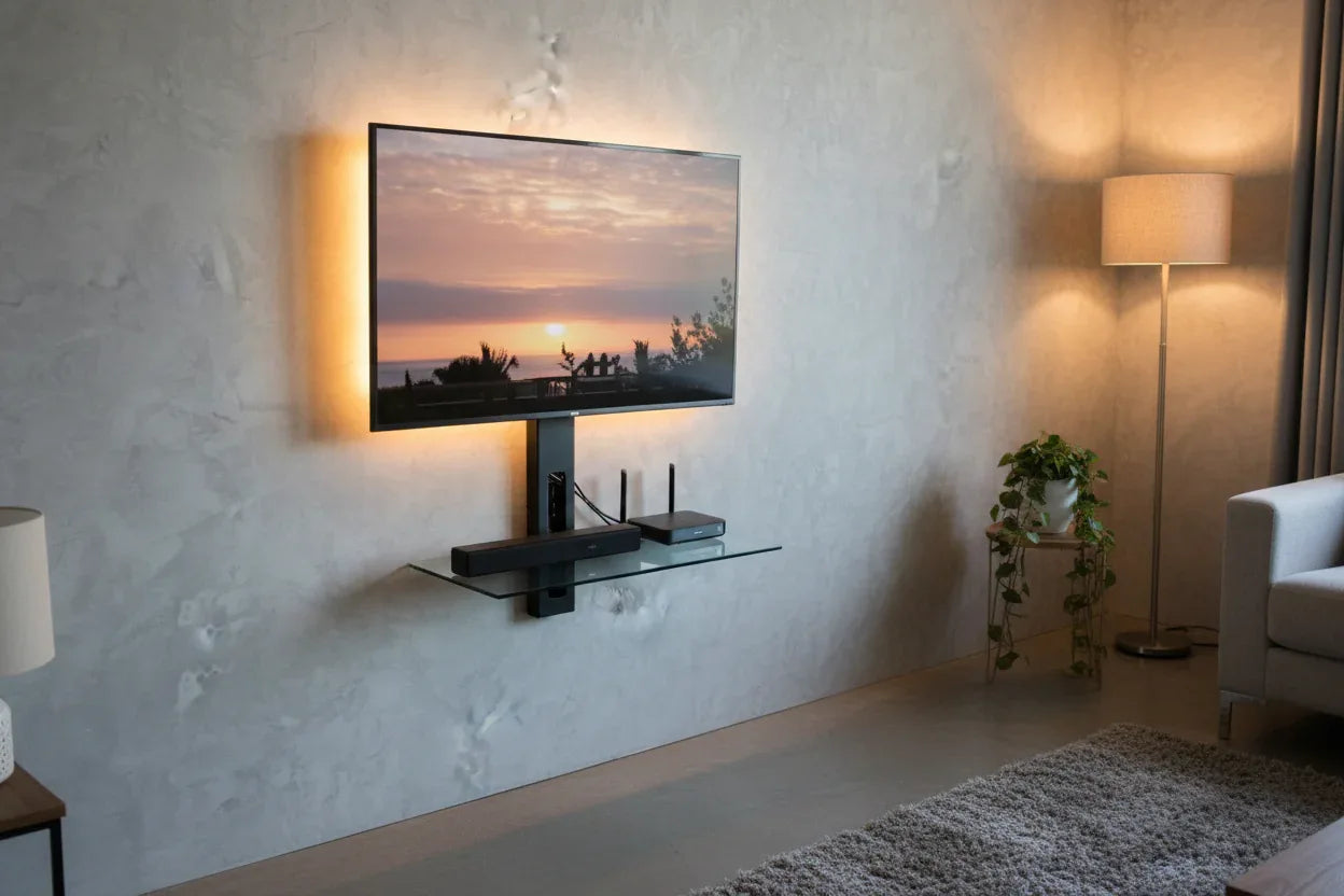 Modern living room detail emphasizing functional cable-concealing wall mount shelves